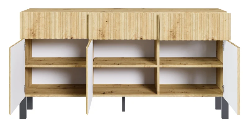Drehtür-Kommode Telire 154 cm mit drei Schubladen und lamellenförmiger Front in Artisan-Eiche