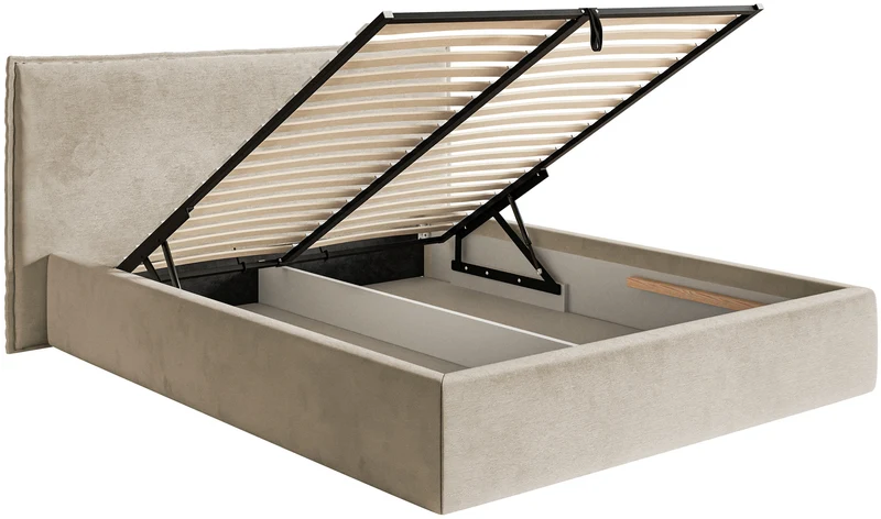 Polsterbett 180x200 cm Softie mit Stauraum, beige, wasserabweisender Samt, Metallrahmen