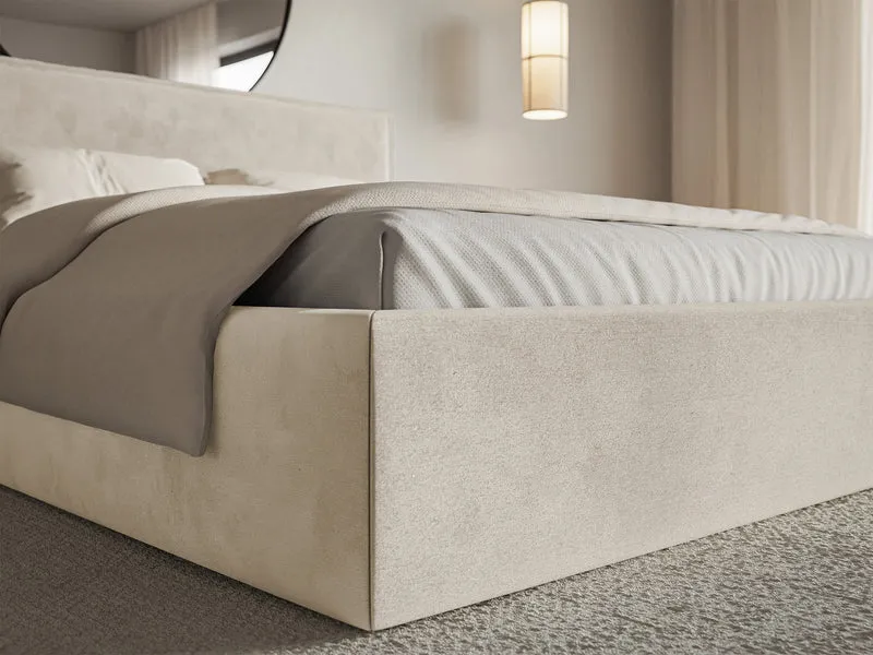 Polsterbett 160x200 cm Softie mit Stauraum, beige, hydrophobes Samt, Metallrahmen