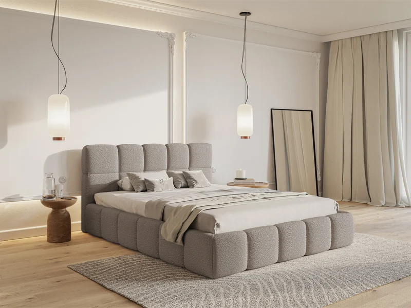 Gepolstertes Bett 120x200 cm Cloudy mit Stauraum, Metallrahmen, hellgrauer Bouclé-Stoff