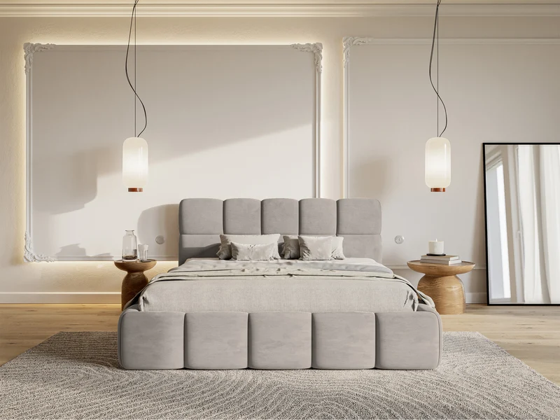 Gepolstertes Bett 120x200 cm Cloudy hellgrauer Velours, wasserabweisend und pflegeleicht