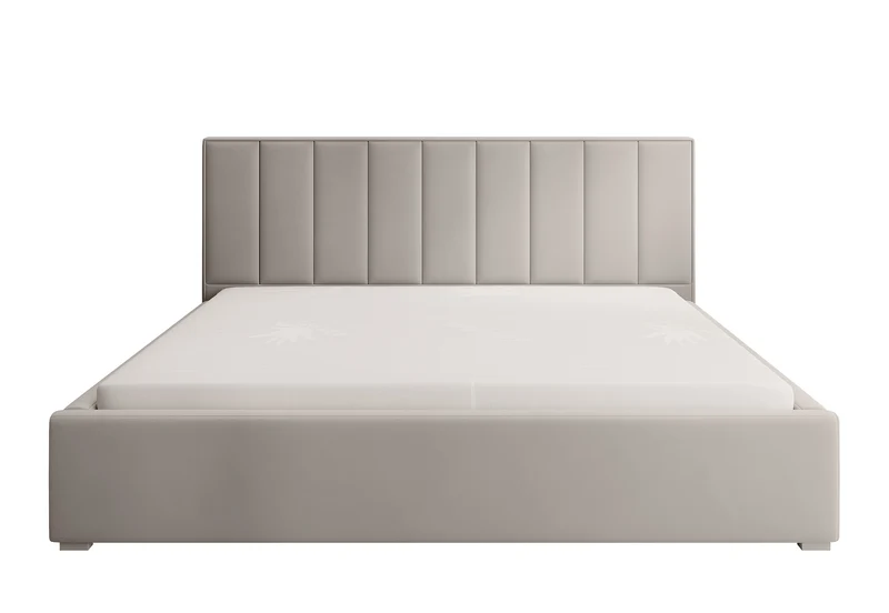 Gepolstertes Bett 200x200 cm Rinus mit Stauraum, grau-beige aus hydrophobem Stoff