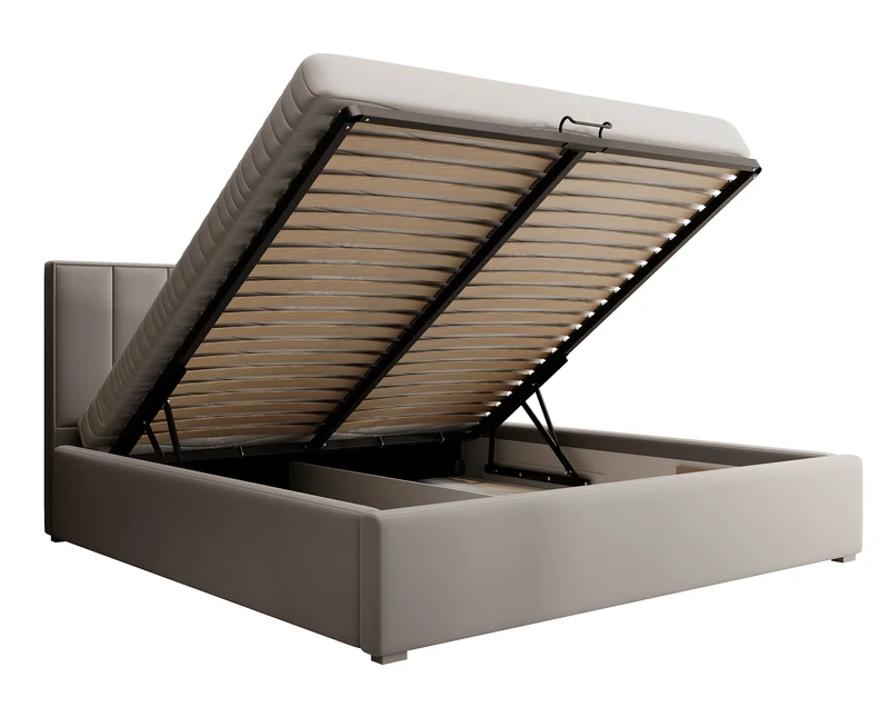 Gepolstertes Bett 160x200 cm Rinus mit Stauraum, grau-beige aus hydrophobem Stoff