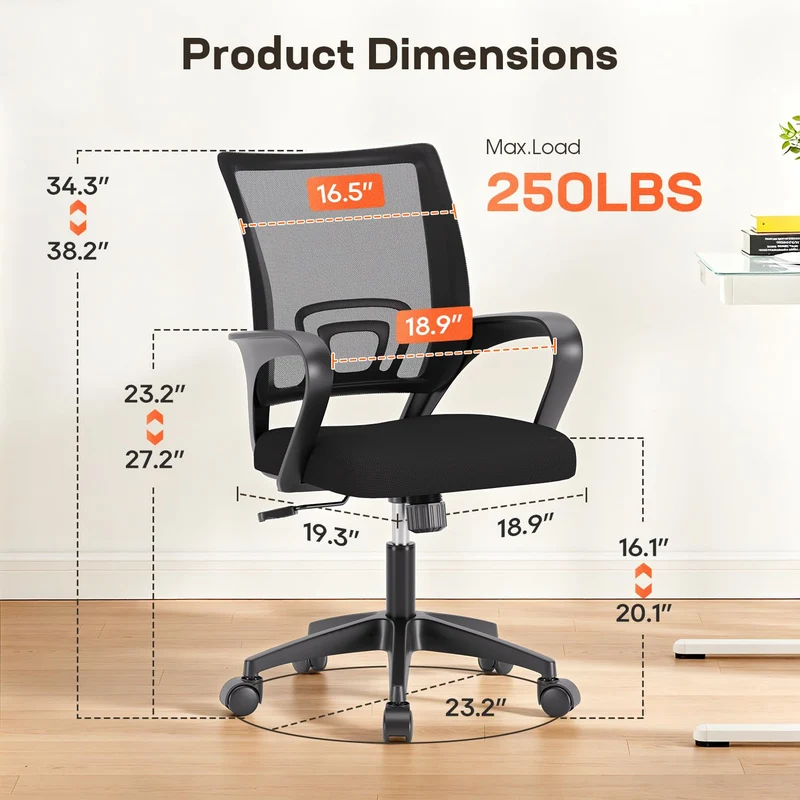 BestOffice | Ergonomic Office Chair | Mid-Back Swivel Desk Chair | Breathable Backrest & Lumbar Support | Adjustable Height | Sponge Seat | Rolling Wheels | Dark Black | for Adults & Women 🍁 All In One Marketplace Canada