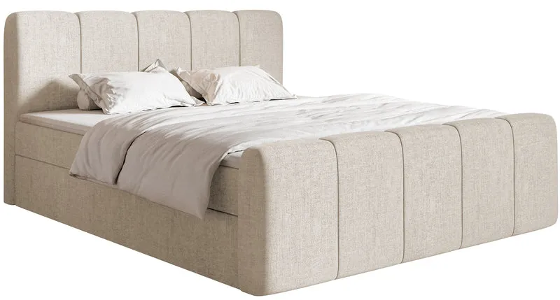 Kontinentales Bett 180x200 cm Cloudy II mit Stauraum und Topper, hellbeiger hydrophober Chenillestoff
