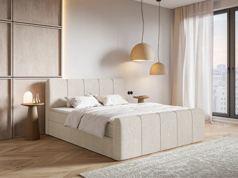 Kontinentales Bett 180x200 cm Cloudy II mit Stauraum und Topper, hellbeiger hydrophober Chenillestoff