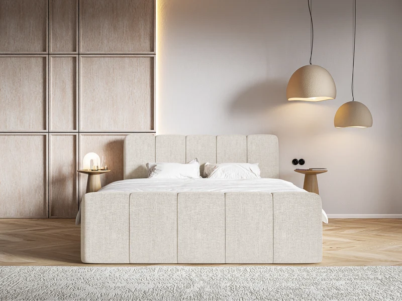 Kontinentales Bett 180x200 cm Cloudy II mit Stauraum und Topper, hellbeiger hydrophober Chenillestoff