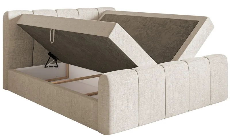 Kontinentales Bett 180x200 cm Cloudy II mit Stauraum und Topper, hellbeiger hydrophober Chenillestoff