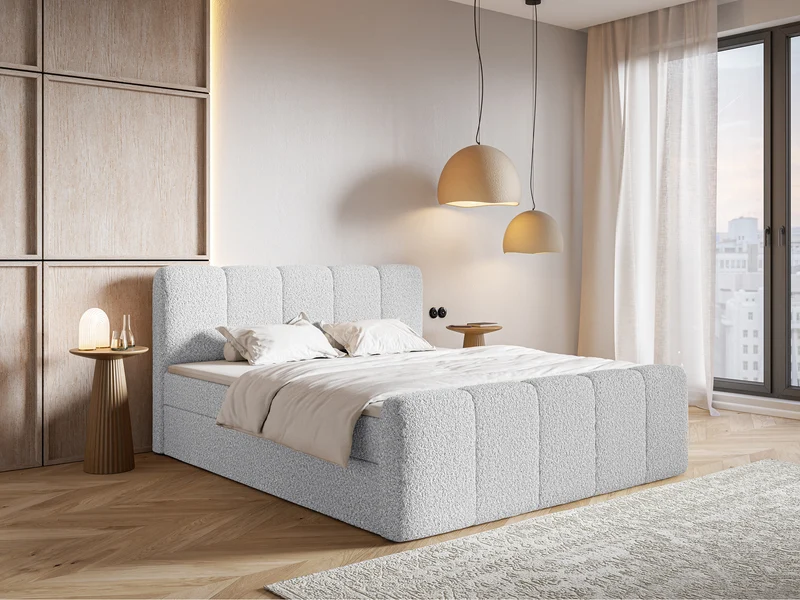 Kontinentales Bett 180x200 cm Cloudy II mit Stauraum und Topper in hellgrauem Bouclé