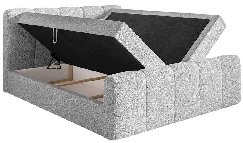 Kontinentales Bett 180x200 cm Cloudy II mit Stauraum und Topper in hellgrauem Bouclé