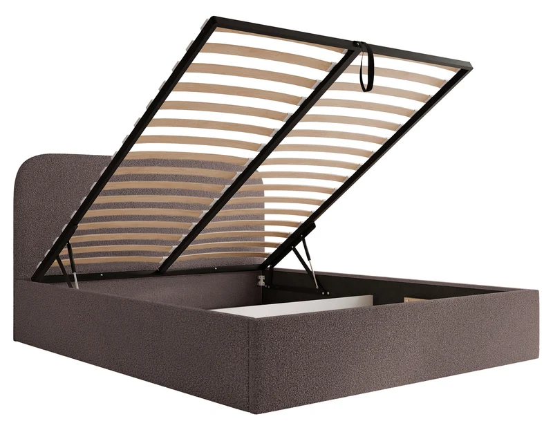 Polsterbett 140x200 cm Sonvivo mit Bettkasten, braunes Bouclé, Metallrahmen