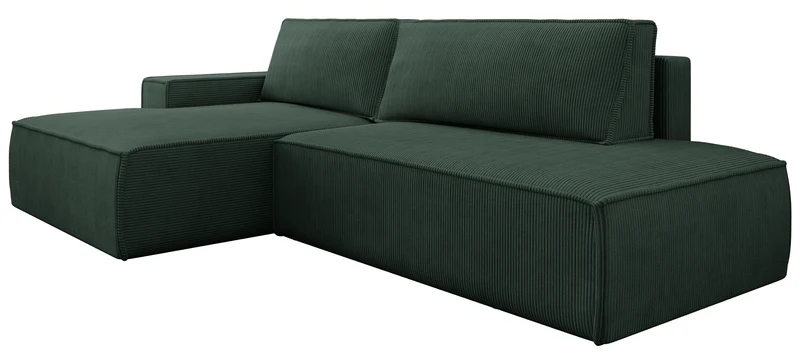 Ecksofa mit Schlaffunktion Felicjo, L-förmig, linksseitig, mit Stauraum, dunkelgrüner Cordstoff