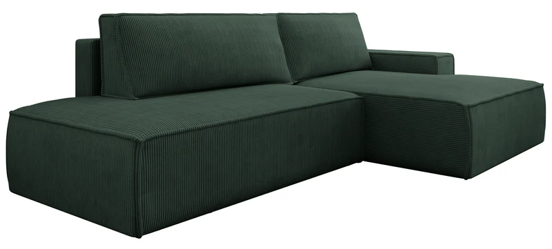 Ecksofa mit Schlaffunktion Felicjo, L-förmig, rechtsseitig, mit Stauraum, dunkelgrüner Cordstoff