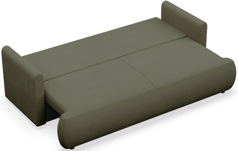 Dreisitziges ausklappbares Sofa Ovo Mini mit Stauraum, olivgrüner Chenille, leicht zu reinigen