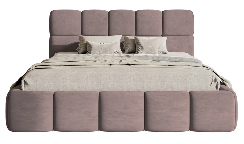 Gepolstertes Bett 120x200 cm Cloudy mit Stauraum, Metallrahmen, hellrosa Velours, wasserabweisend und leicht zu reinigen