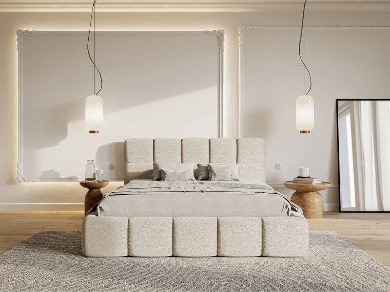 Polsterbett 120x200 cm Cloudy mit Stauraum, Metallrahmen, hellbeiger hydrophober Chenillestoff