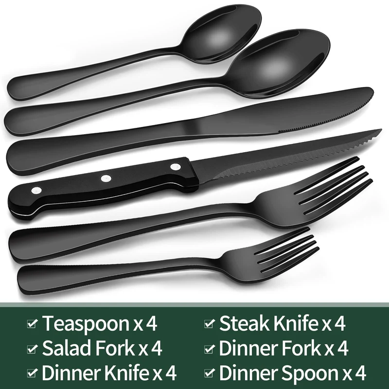 24-Piece Black Silverware Set with Steak Knives, Black Flatware Set for 4, Food-Grade Stainless Steel Tableware Cutlery Set, Mirror Finished Utensil Sets for Home Restaurant 🍁 All In One Marketplace Canada