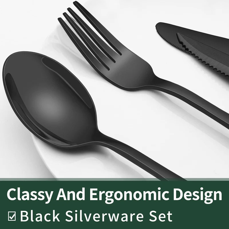 24-Piece Black Silverware Set with Steak Knives, Black Flatware Set for 4, Food-Grade Stainless Steel Tableware Cutlery Set, Mirror Finished Utensil Sets for Home Restaurant 🍁 All In One Marketplace Canada