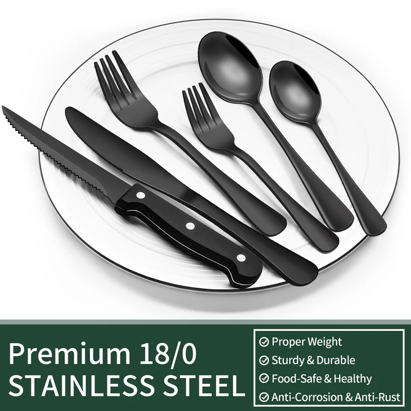 24-Piece Black Silverware Set with Steak Knives, Black Flatware Set for 4, Food-Grade Stainless Steel Tableware Cutlery Set, Mirror Finished Utensil Sets for Home Restaurant 🍁 All In One Marketplace Canada