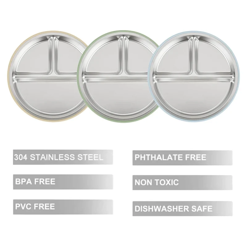 PandaEar 3 Pack Stainless Steel Baby Plates with Suction, Divided Toddler Plate for Baby Led Weaning Supplies, Non-Slip Suction Plates Baby Feeding Set, Dishwasher Safe (Blue/Green/Brown) 🍁 All In One Marketplace Canada