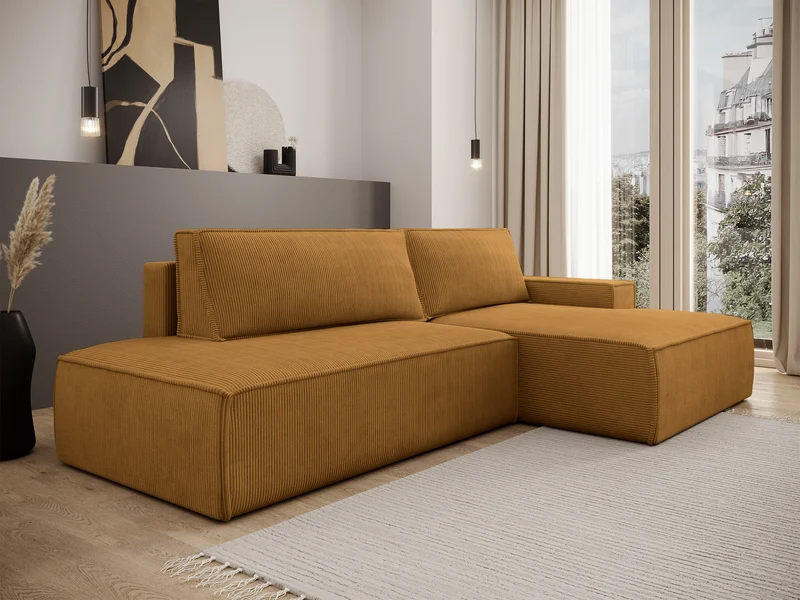 Ecksofa mit Schlaffunktion Felicjo, L-förmig, rechtsseitig mit Stauraum, senfgelber Cordstoff