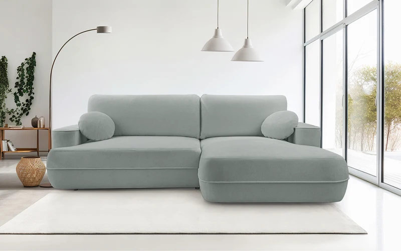 Ecksofa mit Schlaffunktion Fuerro, L-förmig, rechtsseitig, mit Stauraum, grau-beige, geflochten, wasserabweisend