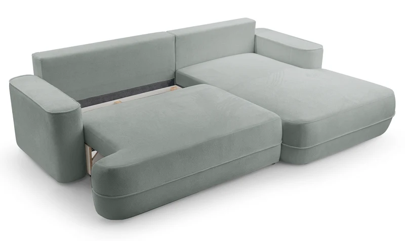 Ecksofa mit Schlaffunktion Fuerro, L-förmig, rechtsseitig, mit Stauraum, grau-beige, geflochten, wasserabweisend