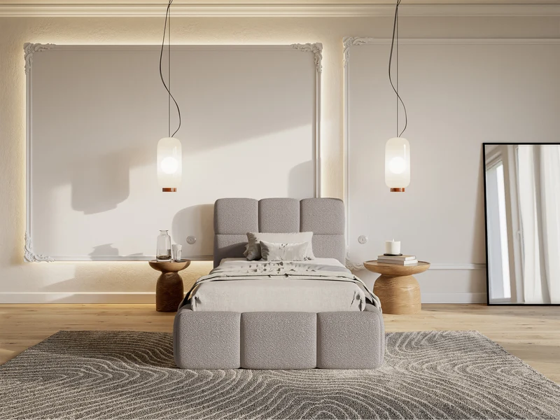Gepolstertes Bett 90x200 cm Cloudy mit Stauraum, Metallrahmen, hellgrauer Bouclé-Stoff