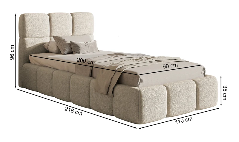 Gepolstertes Bett 90x200 cm Cloudy mit Stauraum, Metallrahmen, hellgrauer Bouclé-Stoff