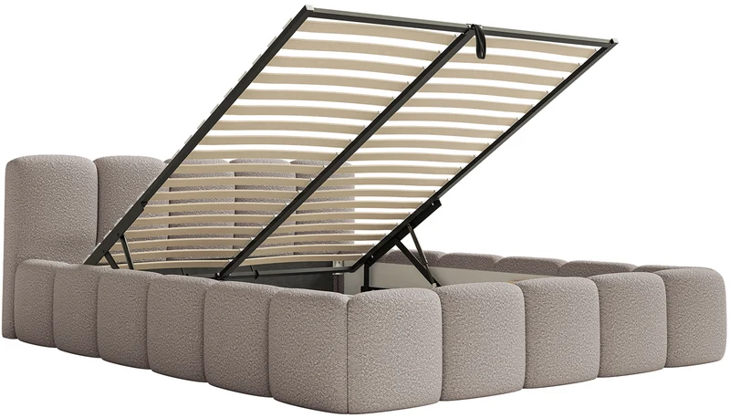 Gepolstertes Bett 120x200 cm Cloudy Low mit Stauraum, Metallrahmen, hellgrauer Bouclé-Stoff