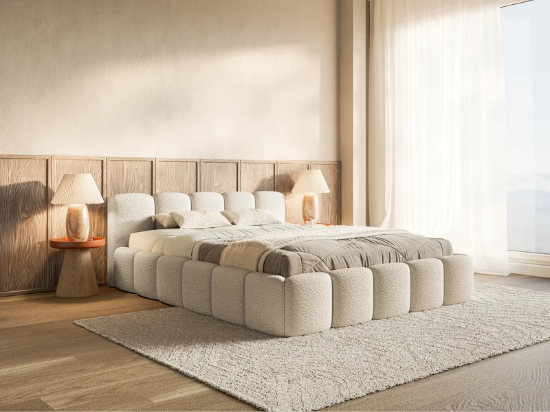Polsterbett 120x200 cm Cloudy Low mit Stauraum, Metallrahmen, hellbeige Bouclé