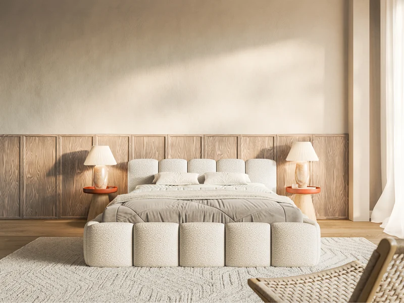 Polsterbett 120x200 cm Cloudy Low mit Stauraum, Metallrahmen, hellbeige Bouclé