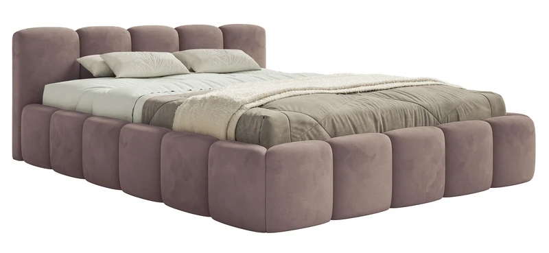 Gepolstertes Bett 120x200 cm Cloudy Low mit Stauraum, Metallrahmen, hellrosa Velours, wasserabweisend und pflegeleicht