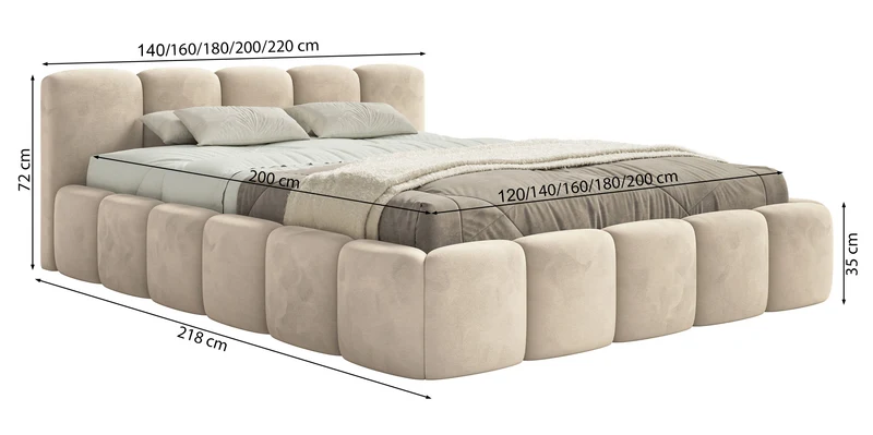 Gepolstertes Bett 120x200 cm Cloudy Low mit Stauraum, Metallrahmen, grauer Velours, wasserabweisend und pflegeleicht