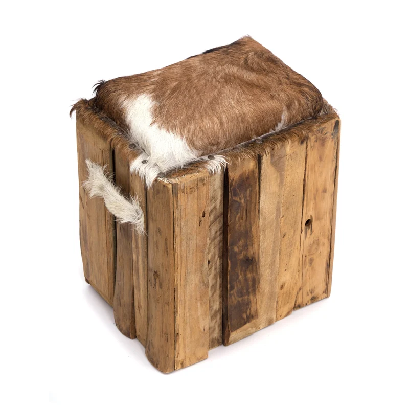 ZIEGEN FELL HOCKER "PETER" | Teakholz, 45 cm | Fellhocker, Sitzhocker