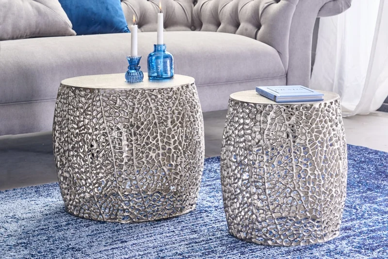Extravagantes 2er Set Couchtisch RIXOS silber Metall Handarbeit