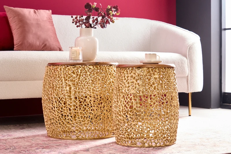 Extravagantes 2er Set Couchtisch RIXOS gold Metall Akazie