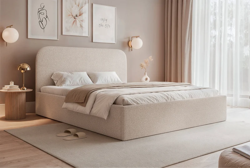 Gepolstertes Bett 160x200 cm Sonvivo mit Bettkasten, grau-beige Bouclé, Metallrahmen