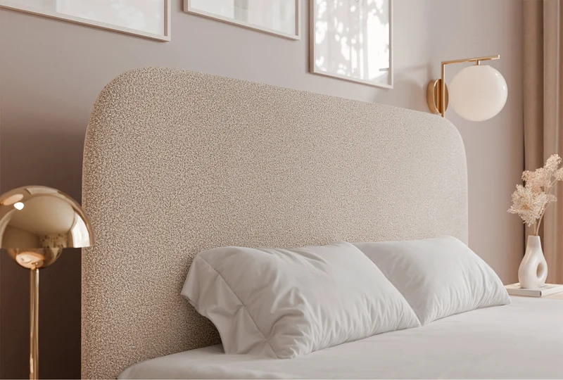 Gepolstertes Bett 160x200 cm Sonvivo mit Bettkasten, grau-beige Bouclé, Metallrahmen