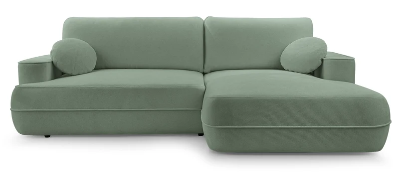 Ecksofa mit Schlaffunktion Fuerro, L-förmig, rechtsseitig, mit Stauraum, salbeigrün, geflochten, wasserabweisend