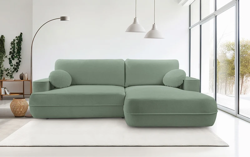 Ecksofa mit Schlaffunktion Fuerro, L-förmig, rechtsseitig, mit Stauraum, salbeigrün, geflochten, wasserabweisend