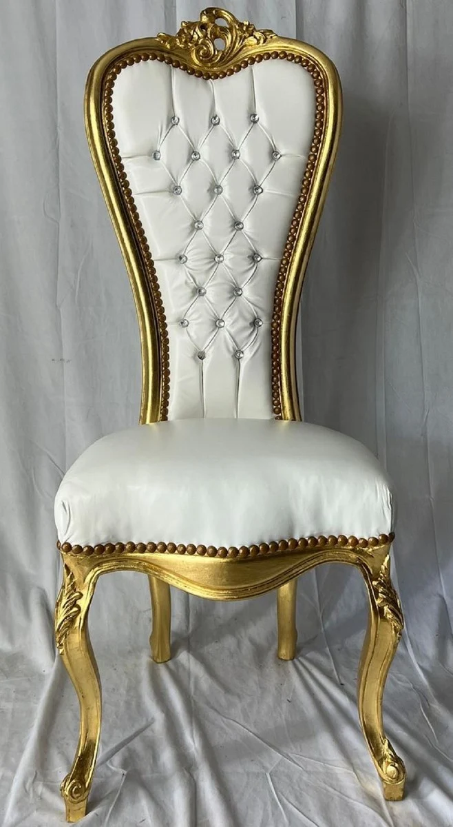 Casa Padrino Barock Thron Stuhl mit Kunstleder und Glitzersteinen Weiß / Gold - Barock Möbel Hochzeit Sessel