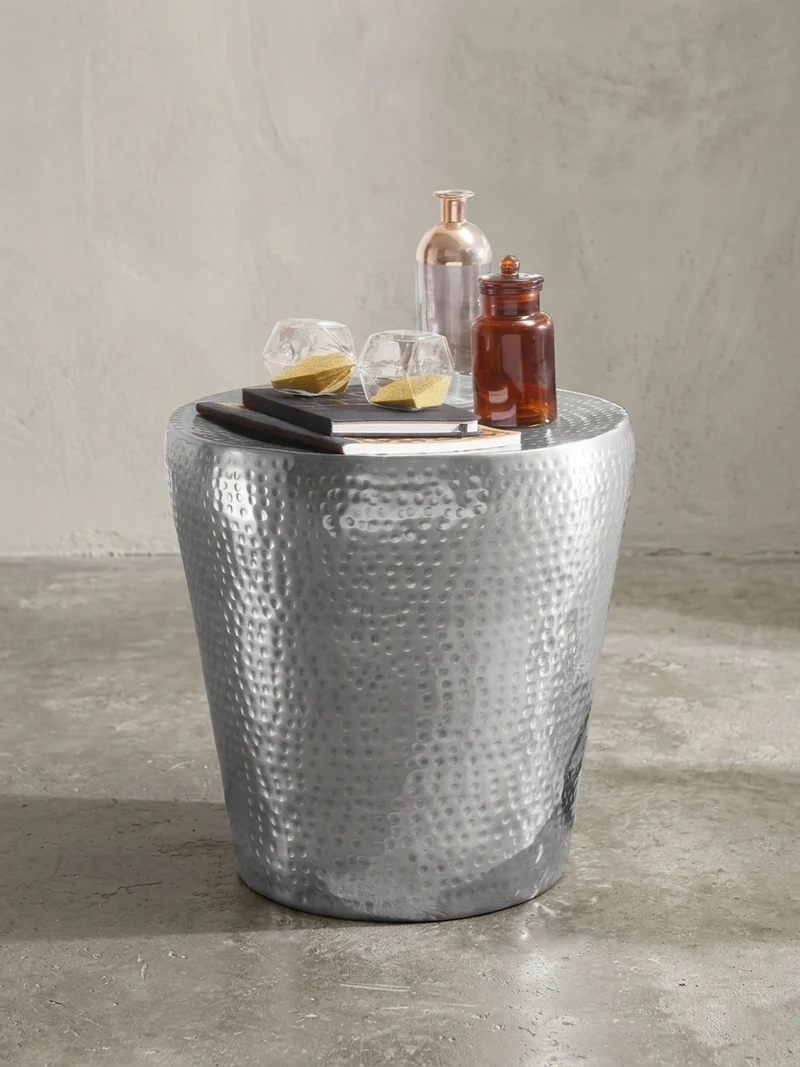 Beistelltisch – Rund Silber Aluminium Hammerschlag 42 cm orientalisch