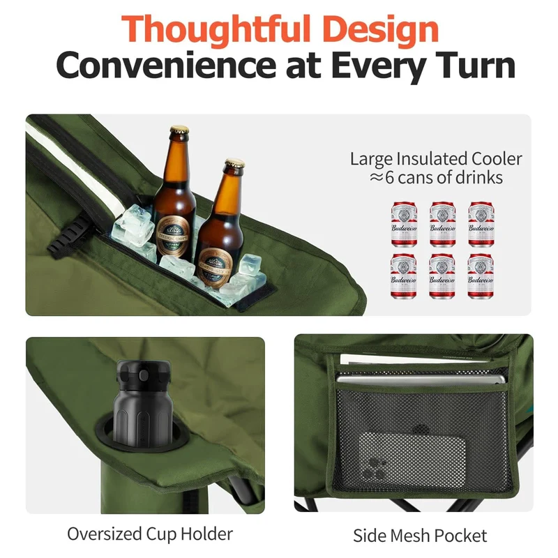Overmont Oversized XL Camping Chair for Adults - 400lbs Support Heavy-Duty Padded Folding Chair with Side Pocket Cup Holder Cooling Bag for Outdoor Sports Garden Beach Fishing Lawn Green 🍁 All In One Marketplace Canada