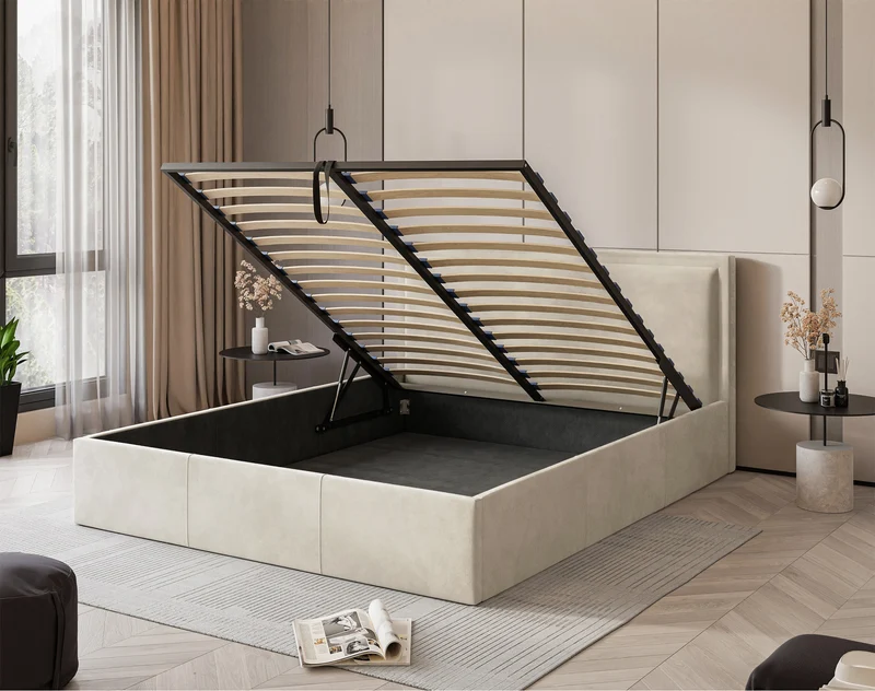 Polsterbett 140x200 cm Soave mit Stauraum und Metallrahmen, cremefarbener Samt