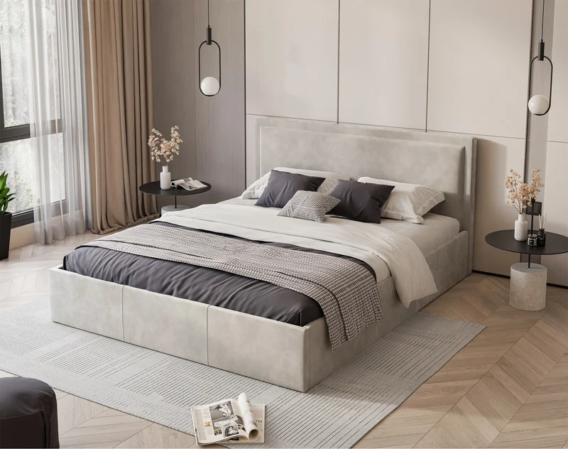 Polsterbett 160x200 cm Soave mit Stauraum und Metallrahmen, hellbeiger Samt