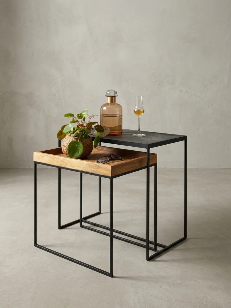 Beistelltisch Set – Mango Massivholz Eisen Anthrazit Braun Industrial