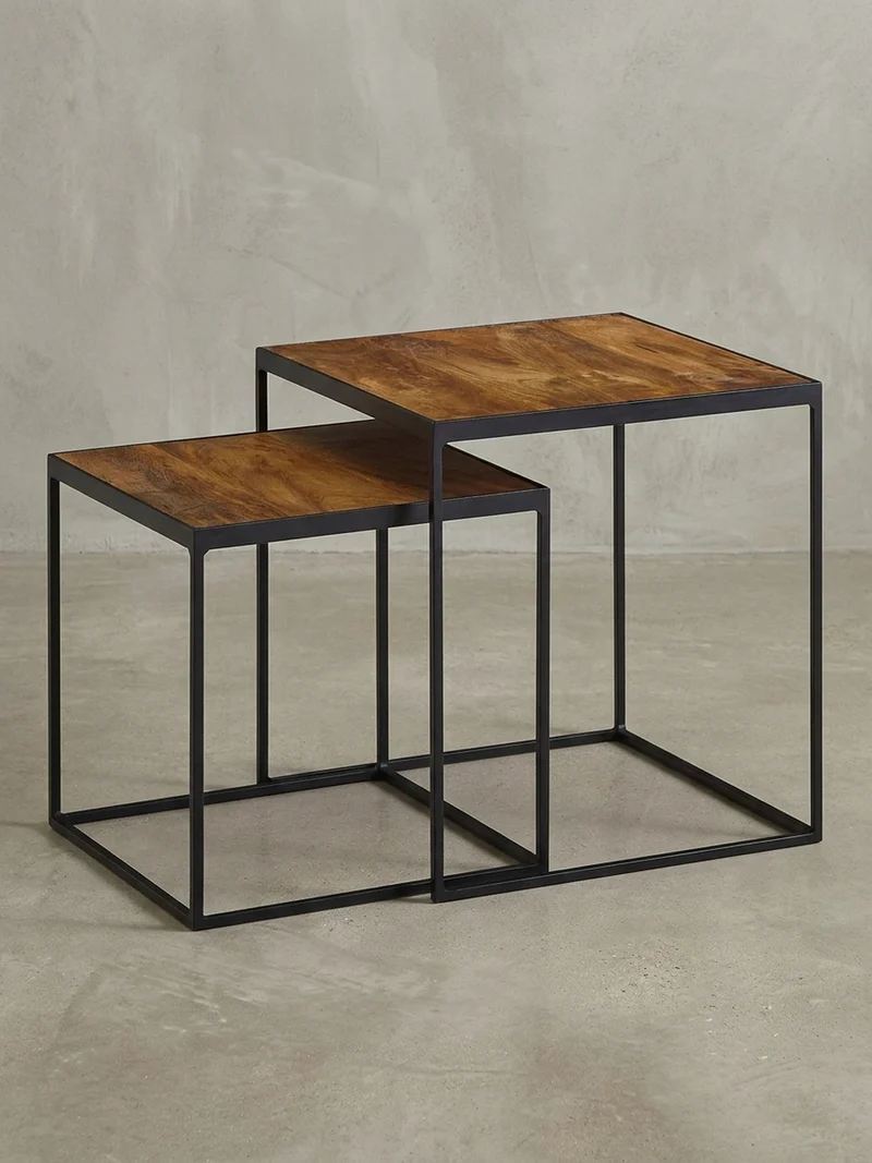 Beistelltisch Set – 2-teilig Mango Massivholz Metall Braun Schwarz Industrial