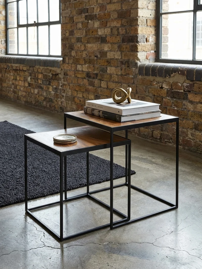 Beistelltisch Set – 2-teilig Mango Massivholz Metall Braun Schwarz Industrial
