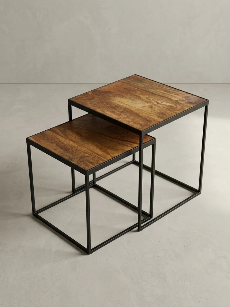 Beistelltisch Set – 2-teilig Mango Massivholz Metall Braun Schwarz Industrial